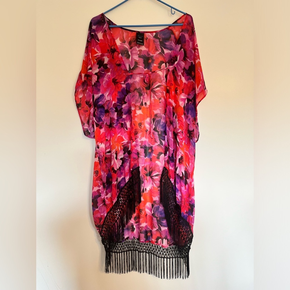 Women's Catalina Kimono Cover Up Chiffon Floral Beach Short Sleeve Fringe Size M